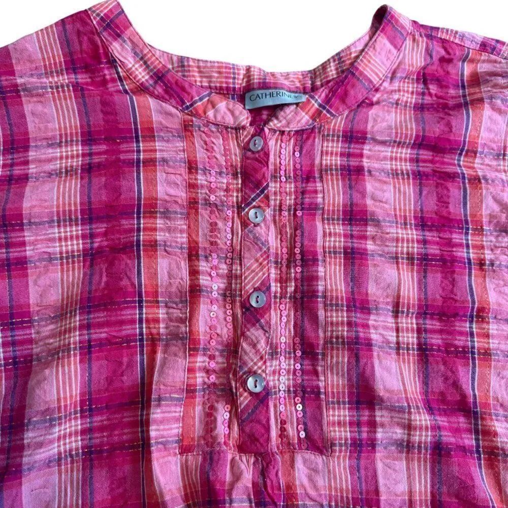 Catherine's Pink Plaid Top Womens Plus 3X Seersucker Long Sleeve Half Button - Picture 6 of 8